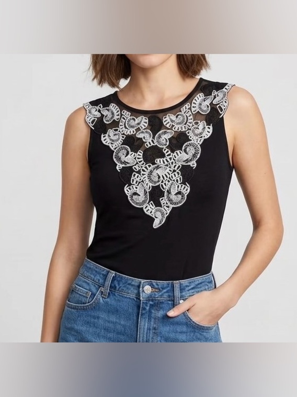 White House Black Market Embroidered Shell Mesh Tank Top Black Size S